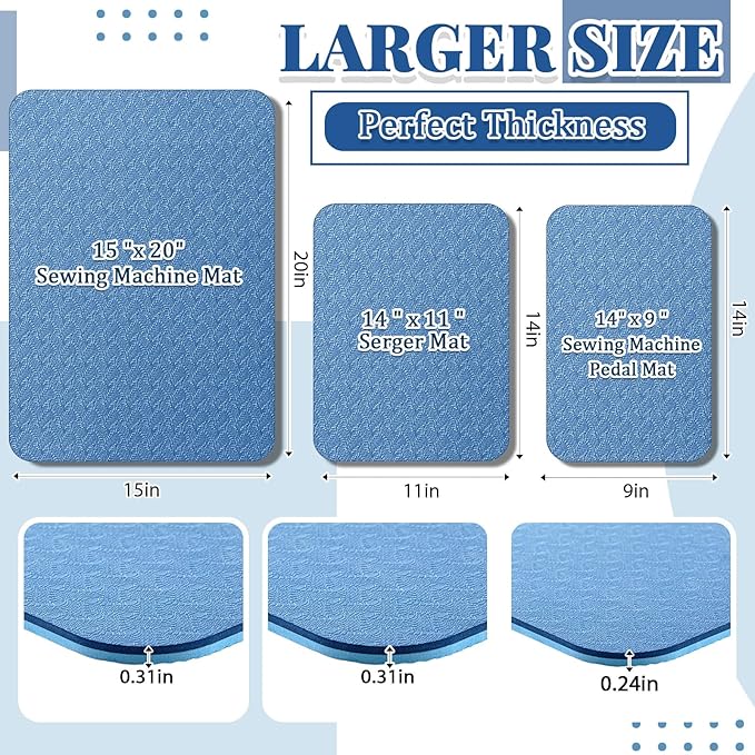 3 Pcs Sewing Machine Muffling Mat Pedal Mat Sewing Machine Pad No Slip Rubber Stay in Place Mats for Calms Vibration(Blue,15 x 20 Inch,14 x 9 Inch,14 x 11 Inch)