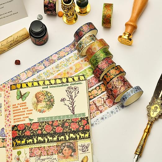 20 Rolls Flowers Washi Tape Set Floral Arts Adhesive Tapes Gold Foil Decorative Masking Tape Sets for Craft, Kids, Scrapbook, DIY, Gift Wrapping