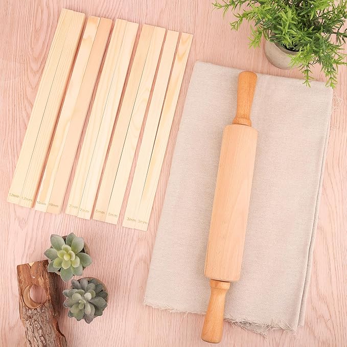 12 Pcs Pottery Tools Set, Include17in Slab Roller for Clay Pottery and 10 Pcs 5 Size Wooden Rolling Pin Guides, 1 Linen Tablecloth for Ceramic Clay Making