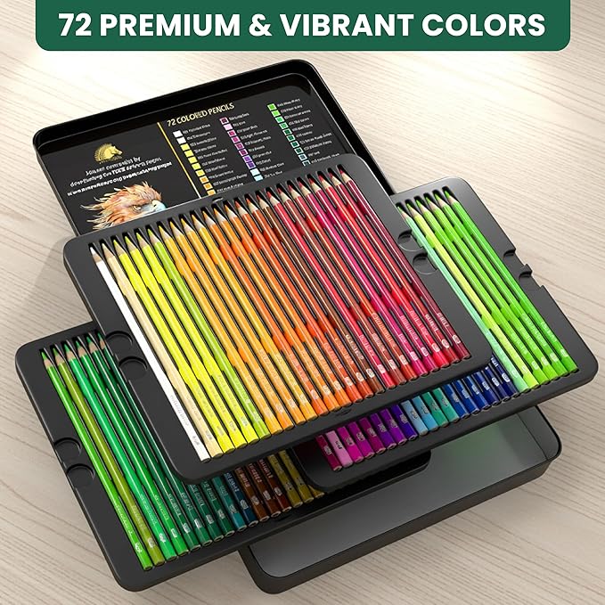 MyArtscape Oil Based Colored Pencils Set, 72 pcs Premium Color Pencils, Vibrant Colors, Break-Resistant Core, Art Kit with Adult Coloring Book