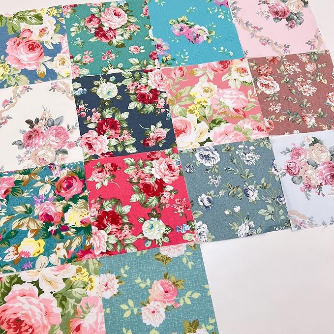 14Pcs 9.8" x 9.8"(25 * 25CM) Cotton Fabric DIY Making Supplies Quilting Patchwork Fabric Fat Quarter Bundles DIY for Quilting Cotton Patchwork Cushions (Flowers, 9.8" x 9.8")