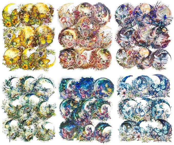Yoksas 60Pcs Holographic Fantasy Butterfly Dragonfly Moon Stickers - Waterproof Nature Aesthetics Plants Insects Shiny Stickers for Scrapbooking,Junk Journals,Planner