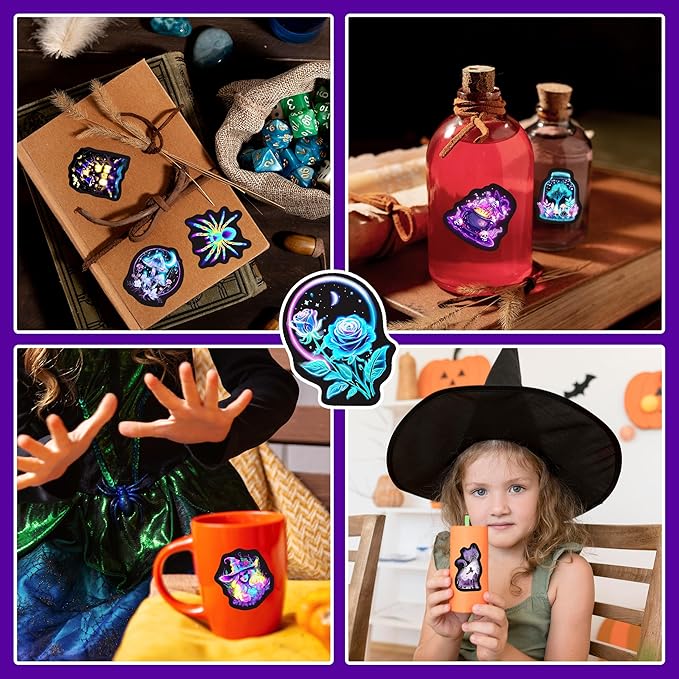 60 Pcs Neon Halloween Stickers for Kids, Waterproof Witches Magic Decals for Water Bottle, Vinyl Laptop Decor for Teens Girls Boys, Students Classroom Prizes