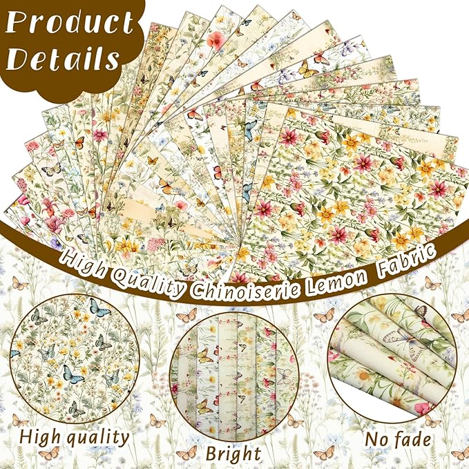 HunnmingRe 20 Pcs 10''x10'' Yellow Wildflower Quilting Fabric Square Romantic Wildflower Butterfly Quilted Fabric Bundle Spring Floral Precut Printed Patchwork Supplies for Summer DIY Sewing Craft