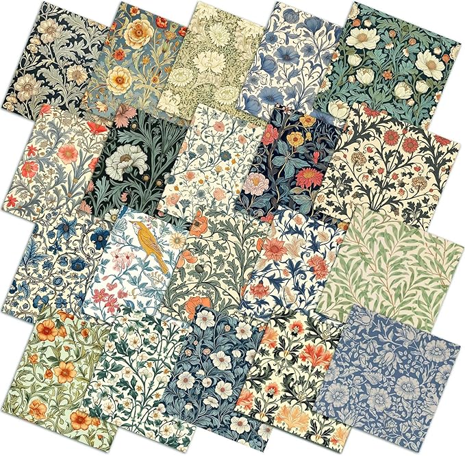 HunnmingRe 20 Pcs 10''x10'' Vintage William Morris Flowers Quilting Fabric Square William Morris Quiltted Fabric Bundle Multicolor Precuts Printed Patchwork Supplies for Holiday DIY Sewing Craft