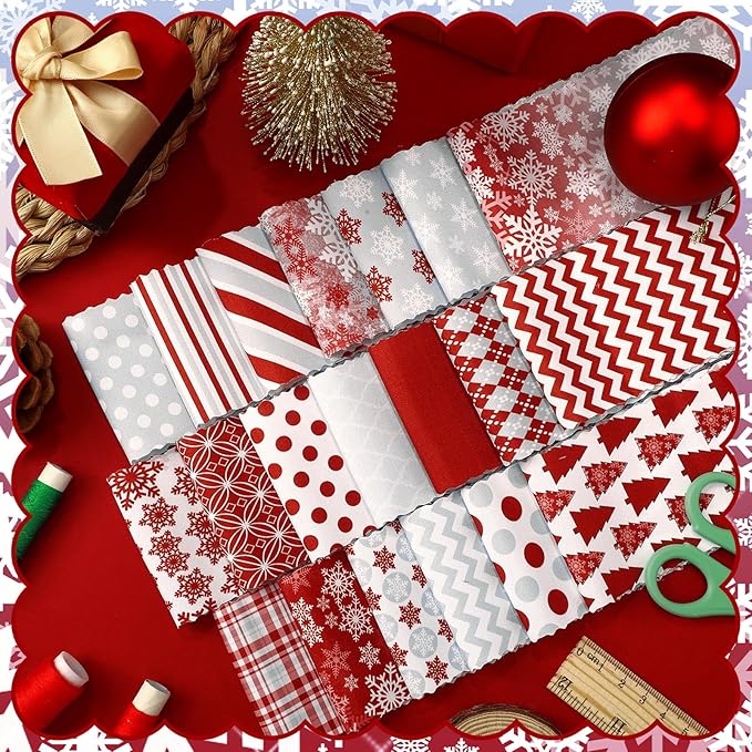 Fanfanwin 40 Pcs Red and Grey Christmas Quilting Fabric Roll 2.56 Inch Precut Fabric Squares Jelly Patchwork Snowflake Red Plaid Strips Materials for Winter Xmas Holiday Craft Sewing Panels DIY