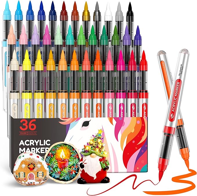 Nicpro 36 Colors Acrylic Paint Markers Brush Tip, Water-Based No-Bleed Paint Markers with Automatic Ink Control, Waterproof Acrylic Paint Pens for DIY Art & Crafts – Rock, Wood, Glass, Ceramic, Fabric