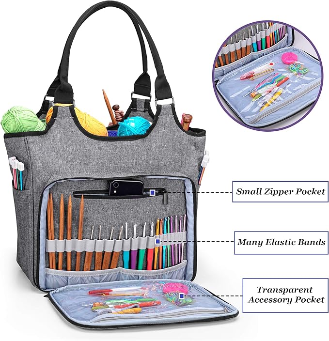 YARWO Knitting Tote Bag, Yarn Storage Organizer for Yarn Skeins, Knitting Needles, Crochet Hooks and Knitting Projects, Christmas & New Beginnings Gifts for Women, Gray with Grid (Patent Pending)