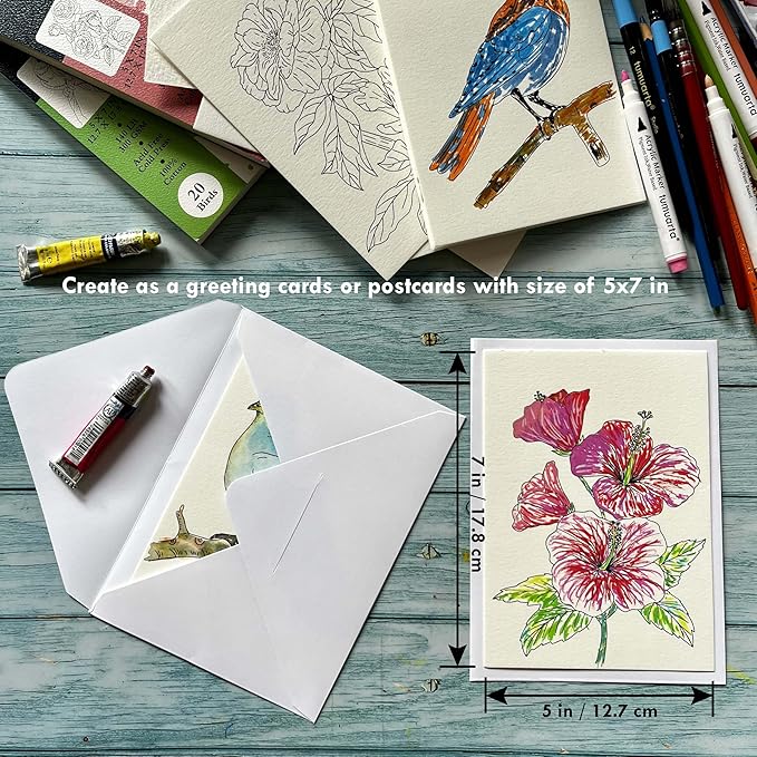 tumuarta Watercolor Coloring Book, 20 Unique Floral Designs, 5x7”, 100% Cotton, 300GSM, 140 LB, 20 Sheets, Cold Press, Acid Free Watercolor Paper Sketchbook, Glue Bound Mixed Media Pad (Flowers)