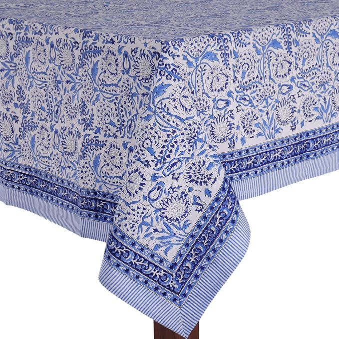 ATOSII Indigo Bloom 100% Cotton Rectangle Fall Tablecloth, Handblock Floral Linen Table Cloth for Dining Table I Parties Christmas Thanksgiving Grand Millennial Home Decor 72 X 120 Inches I 10 Seater