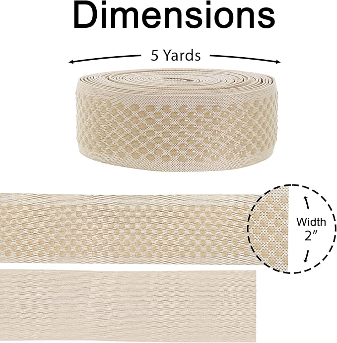 Mandala Crafts 2 Inch Elastic Silicone Gripper Tape for Clothing - 5 Yds Dotted Non Slip Elastic Band for Sewing - Cream Silicone Flat Fabric Stretchy Ribbon Straps