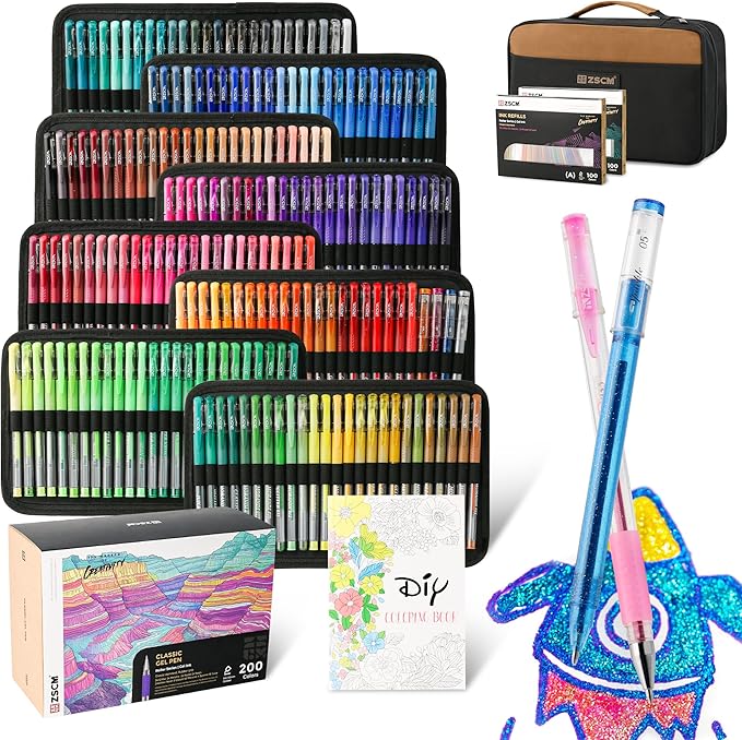 400 Pack Gel Pens for Adult Coloring Book, 200 Artist Colored Pens With 200 Refills, Fine Tip Metallic Glitter Gel Pens for Drawing Doodling Journaling Craft Art Supplies