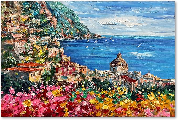 Art Hand Painted Seaside Town Landscape Oil Painting Modern Abstract Art Home Wall Deco Art 30x45 inches