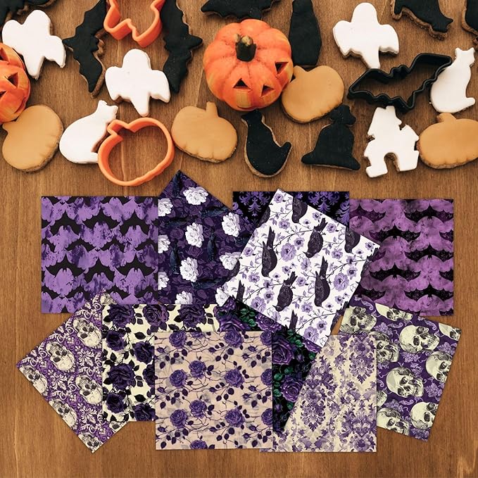 12 Sheets Gothic Purple Halloween Scrapbook Paper 6" x 6" – Dark Vintage Skull Rose Raven Bat Medieval Pattern Craft Paper for Decoupage, Journaling, Origami, Card Making, DIY Projects