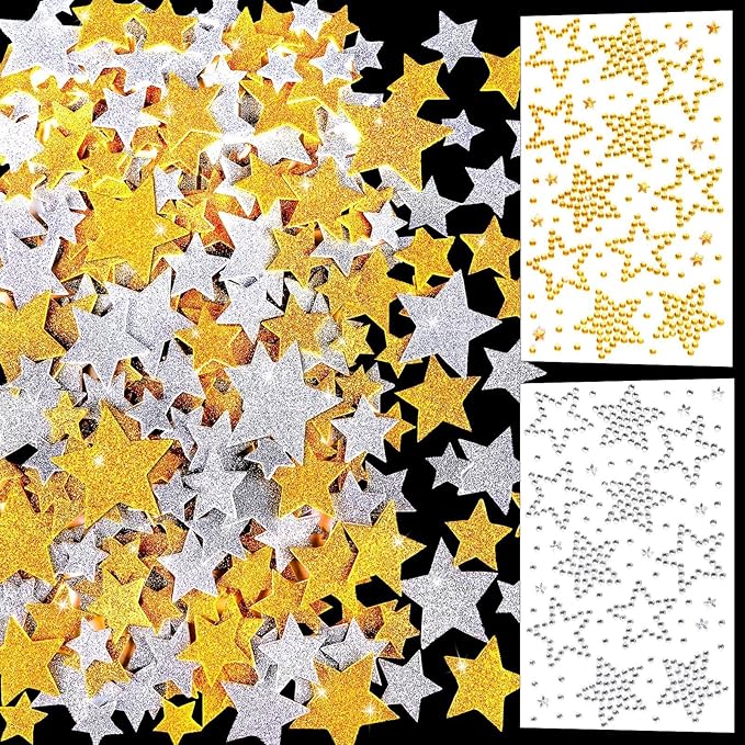 YGDZ Foam Star Stickers Gems Stick On Set, Gold Silver Glitter Star Self Adhesive for Crafts, Rhinestones Jewel Stick On for Posters, Christmas Home Decor, Craft Supplies for Kids