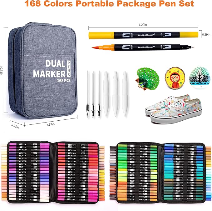 Dual Markers Brush Pens, 168 Colors Art Marker Set with Brush and Fine Tips – Premium Art Supplies for Adults, Perfect for Coloring Books, Hand Lettering, Calligraphy, and Drawing