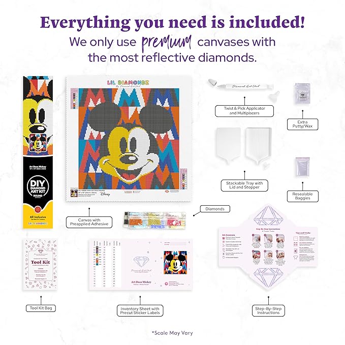 DIAMOND ART CLUB Art Deco Mickey Diamond Painting Kit, Fun DIY Crafts for Adults, Round Diamond Art Canvas, 13" x 13"