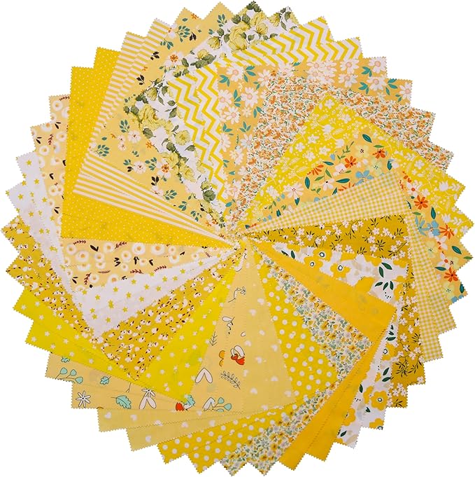 Hanjunzhao 42Pcs 10" Layer Cake Fabric - Layer Cakes 10 inch Squares for Quilting - Polka Dots Striped Star Solid Floral Print Cotton Fabric Squares 10x10 for Sewing, Quilts, and Crafts (Yellow)
