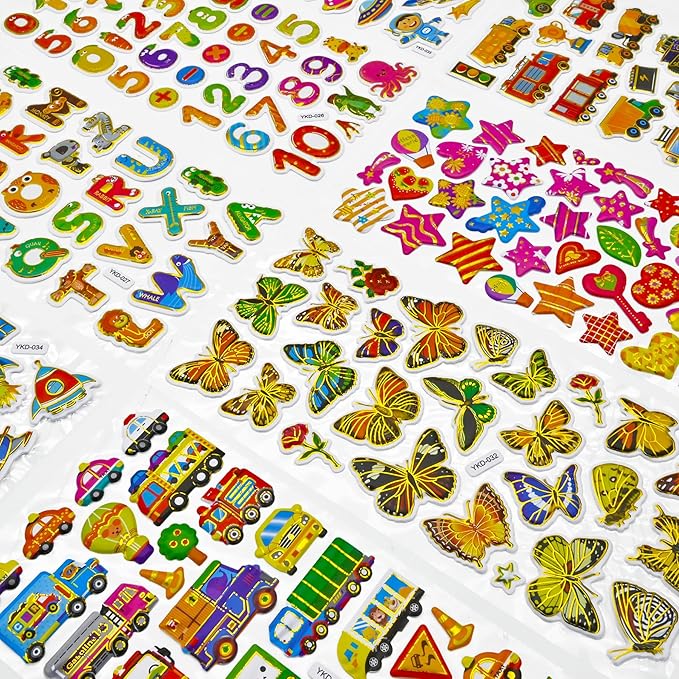 3D Stickers for Kids Toddlers 12 Sheets, 379 Pcs Gold Stamping Puffy Stickers for Boys Girls, Preschool Sticker for Reward, Scrapbooking Including Animal, Letters, Numbers, Dinosaurs, Cars and More