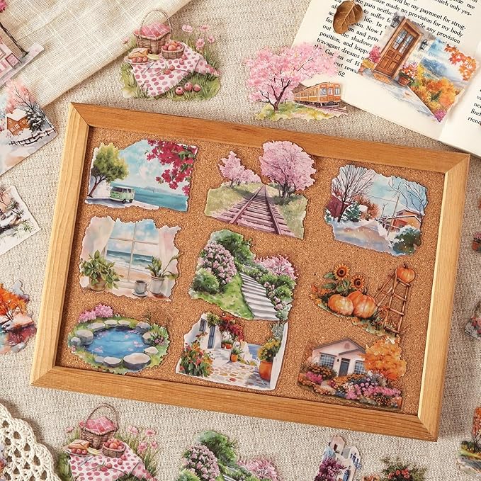 80 Pieces Vintage Travel Seasonal Themed Landscape Stickers, Large Size Transperant PET Scrapbook Stickers for Journals, Crafting, Art Projects, Phone Case, Laptop, Journal Album Decoration
