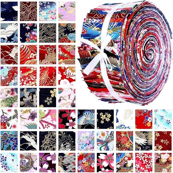 Ganeen 100 Pcs Japanese Quilting Fabric Roll 2. 56 Inch Fabric Squares Jelly Patchwork Precut Strips Bundles for Holiday Materials Craft DIY Sewing Cloths