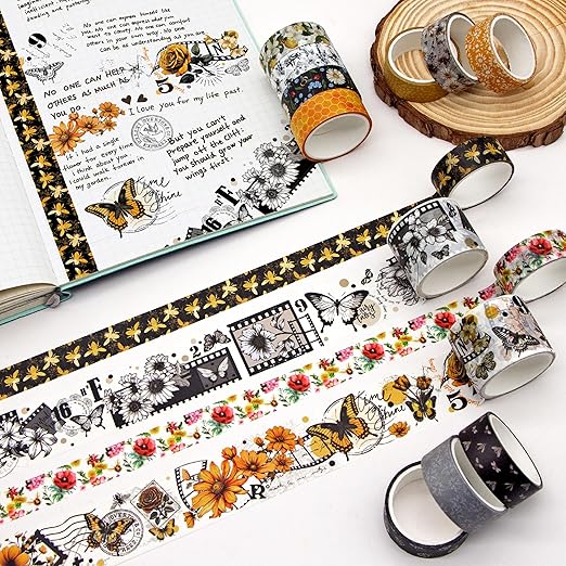 Vintage Bee & Floral Decorative Washi Tape Set - 14 Rolls Retro Honeycomb, Blossom Design craft tape Pack for Journaling, Scrapbooking,Junk Journal, Bullet Journaling , 2 Sizes Decorative Masking Tape
