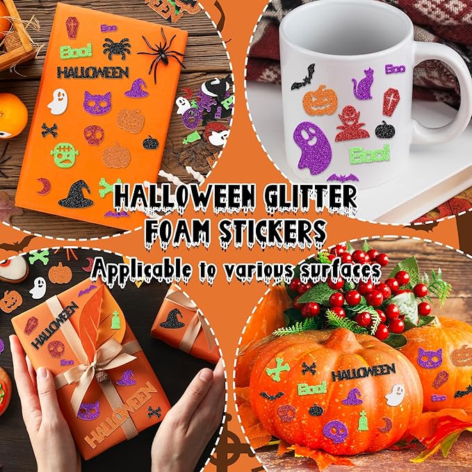 300Pcs Halloween Stickers, Self-Adhesive Glitter Halloween Foam Stickers, Assorted Shape Pumpkin Spider Bat Sticker, Halloween Party Favors Bulk for DIY Crafts Home Decorations