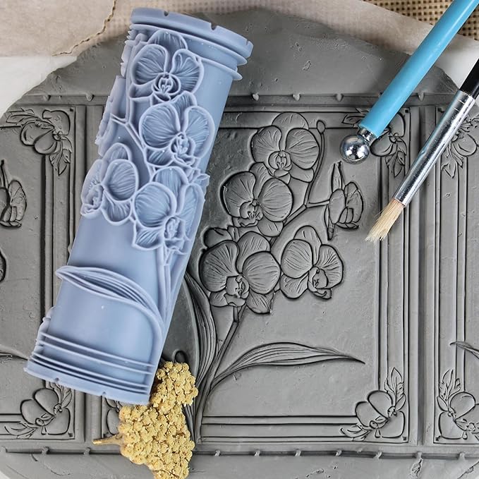 Orchid Clay Texture Roller (4") - Flower Set #01 - Embossing Pattern Roller for Polymer & Ceramic Clay, Pottery & Crafts