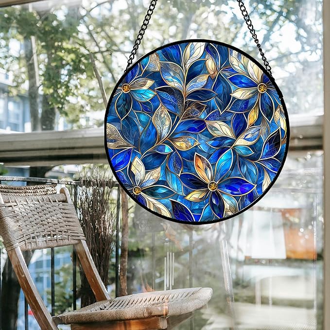 Stained Glass Window Hanging - Blue Gold Abstract Flowers Suncatcher for Door Terrace Garden Home Decor, Plant Sun Catcher Birthday Gifts for Lovers Women Men Dad Mom Nana 9.8 in