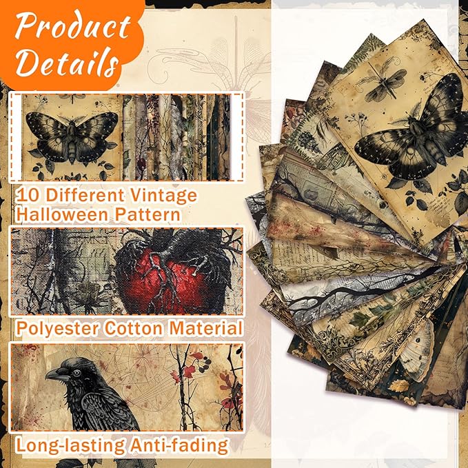 Hahafelt 10 Pcs 18'' x 22'' Vintage Halloween Quilting Fabric Squares Spooky Gothic Retro Halloween Precut Fabric Bundle Skeleton Crow Butterfly Rose Heart for DIY Craft Sewing Quilt Material Handmade