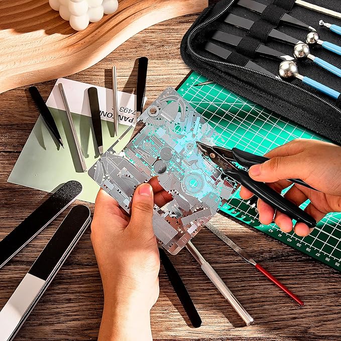 24pcs Metal Puzzle Tool Set DIY Model Kits With Clippers, Edge Bending Tab, Twisting Cylinder, Cone Shape Bend Assist, Wire Wrapping Mandrel, Ball Stylus and Bag