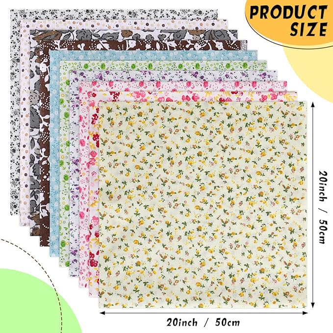 Macarrie 70 Pcs Cotton Fat Quarters Quilting 20 x 20 Inch Fabric Bundles Floral Printed Cloth Sewing Supplies Multicolor Fabric Squares for DIY Quilting Patchwork Scrapbooking Craft