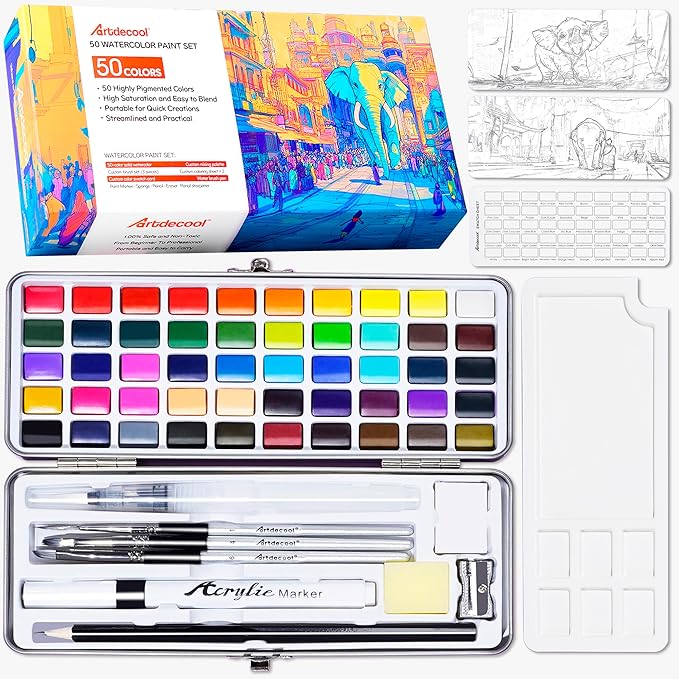 Watercolor Paint Set, 50 Colors, 4 Brushes, 3 Swatch Cards, Palette, Acrylic Marker Pen, and Accessories Included, All in One Portable Travel Watercolor Kit, Art Supplies Gift for Beginners, Adults, Artists, and Hobbyists