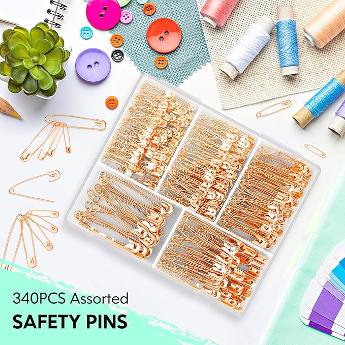 340 Pack Safety Pins Assorted, 5 Different Sizes Small and Large Safety Pins for Clothes Costume, Nickel Plated Steel Bulk, Sewing Crafts Art Supplies, Rose Gold