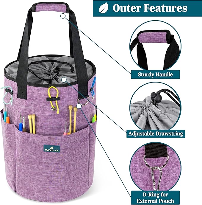 PAVILIA Crochet Bag Knitting Bag Organizer, Yarn Bag Storage Tote for Crocheting On The Go, Knitting Accessories Supplies Holder with Grommets, Gift for Crochet Lovers Knitters (Heather Purple)