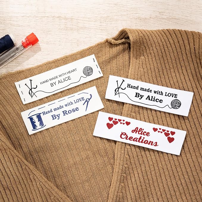 callie Personalized 25-200Pcs Sewing Labels - Custom Text & 10 Cute Pattern, Fabric Handmade with Love Sewing Tags for Clothes, Gifts for Knitting DIY Craft Lovers