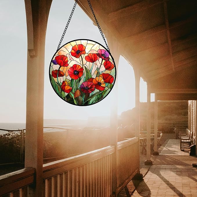 Stained Glass Window Hanging - Poppy Birth Flowers Suncatcher for Door Garden Yard Wildflowers Sun Catchers Decor Christmas Mother's Day Birthday Gifts for Women Mom Nana Friend 15 in
