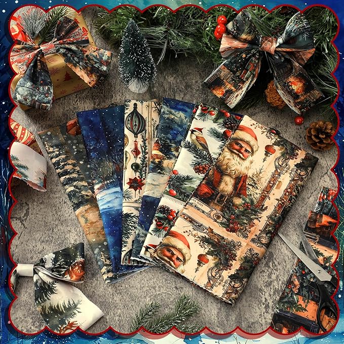 Hahafelt 10 Pcs Vintage Winter Quilting Fabrics by The Yard 20 x 20 Inch Square Nutcracker Santa Claus Square Quarter Fat Rustic Reindeer Fabrics Sewing Precut Patchwork for DIY Craft Party Decor