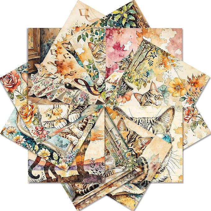 12 Sheets Vintage Cottagecore Watercolor Cat Scrapbook Paper Pack 6" x 6" – Floral Aesthetic Decoupage Craft Paper for Junk Journals, Card Making, Collage, DIY Art Supplies
