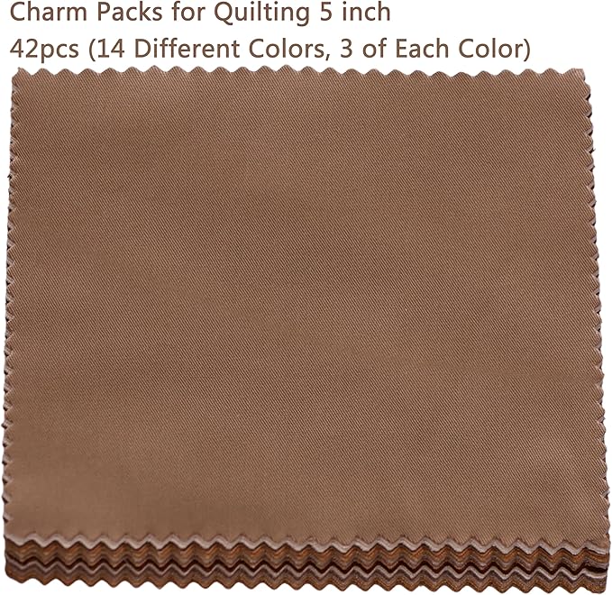 42Pcs Solid Fabric Charm Packs for Quilting 5 inch, Cotton Quilting Fabric Squares 5x5 inch for Quilting, Sewing, Quilt, Bags, Apparel, and Crafts - Brown White Cream Ivory Natural Parchment