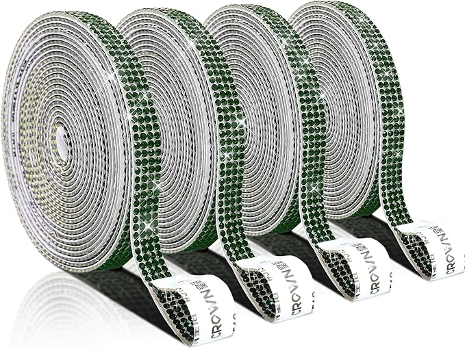 4 Rolls Self Adhesive Crystal Rhinestone Ribbon Diamond Bling Tape with 2 mm Sticker Strips for Arts Crafts Wedding Birthday Party DIY Car Phone Decoration (Dark Green)