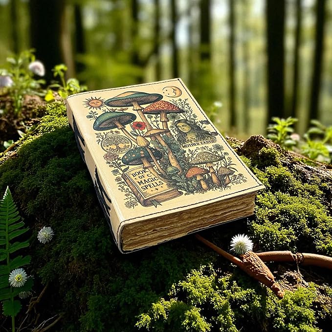 Blank Spell Book of Shadows Magic Spells Leather Journal – Vintage Botanical Mushrooms & Celestial Sun Moon Print Diary