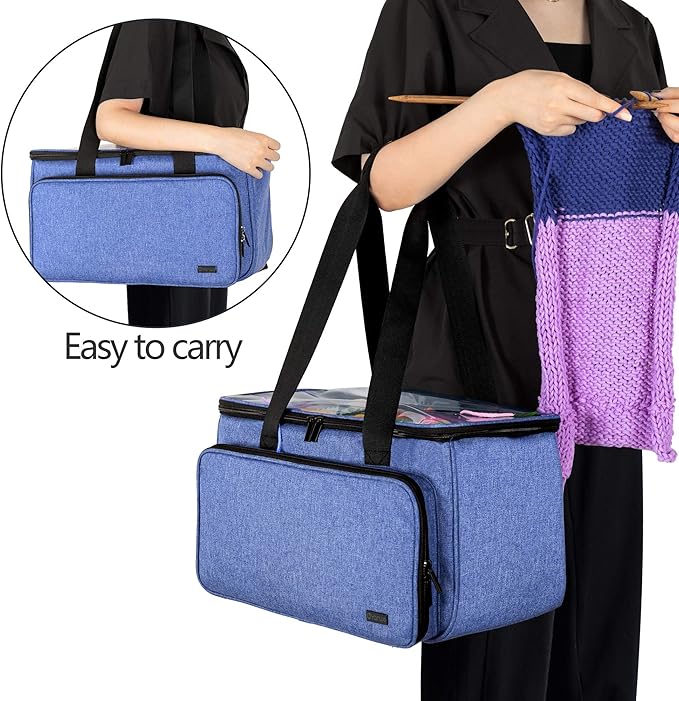 Yarwo Knitting Yarn Bag, Crochet Tote with Pocket for WIP projects, Knitting Needles(Up to 14”) and Skeins of Yarn, Christmas & New Beginnings Gifts for Women, Blue (Bag Only)