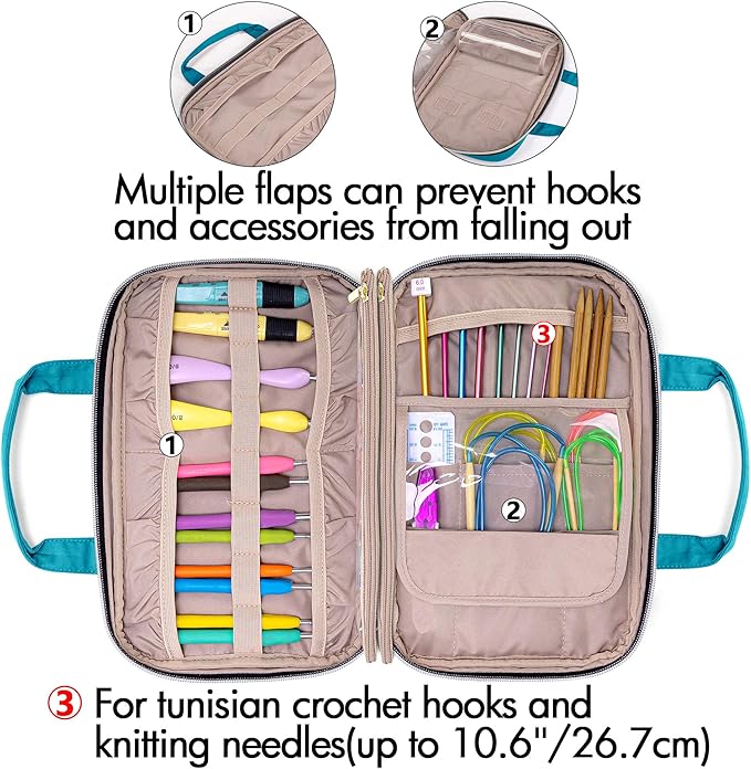 Yarwo Knitting Needles Case (up to 10.6"), Crochet Hooks Organizer with Double Handle for Circular Knitting Needles and Accessories, Teal (Bag Only)
