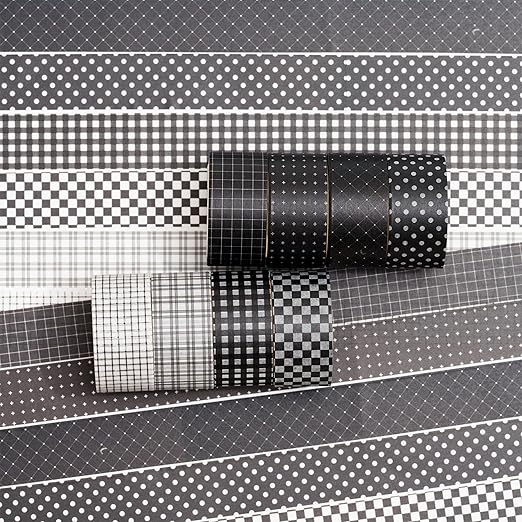 YUBX Black Grid Washi Tape Set 8 Rolls Plaid Decorative Masking Tapes for Arts, DIY Crafts, Journals, Planners, Scrapbook, Wrapping