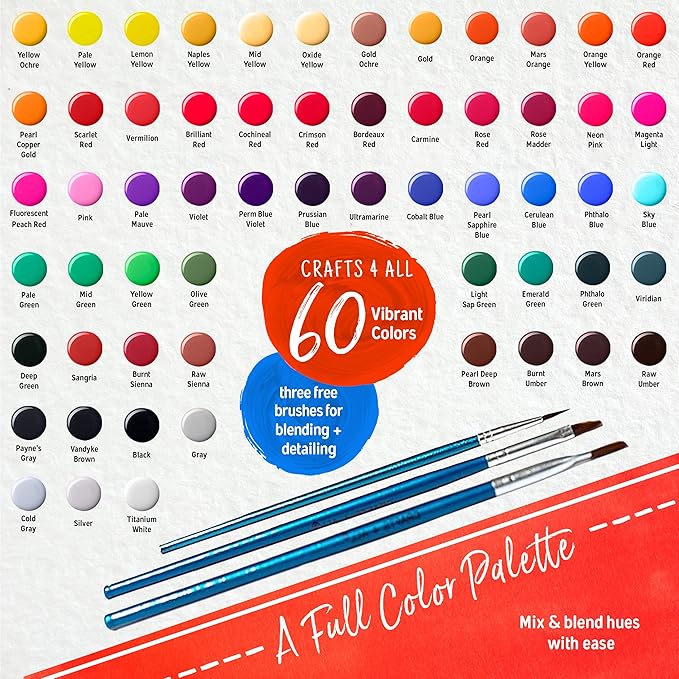 Acrylic Paint Set for Adults and Kids - 60 Pack of 12mL Paints with 3 Art Brushes, Non-Toxic Craft Paint for Easter Eggs, Ceramic Rock Paint - Art Supplies