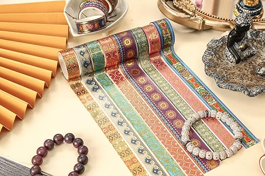20 Rolls Chinese Style Washi Tape Set, Ancient Palace Pattern Decorative Masking Tapes with Gold Foil, Oriental for Craft, Scrapbook, DIY, Gift Wrapping (32-Azure Brocade Clouds)