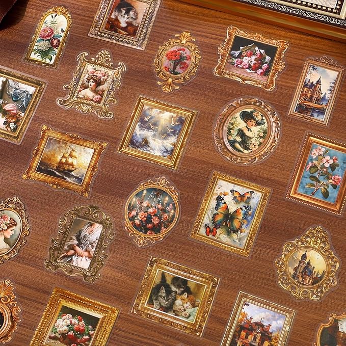 80 Pieces Vintage Baroque Style Frame Background Scrapbook Sticker Set, 4 Pack Aesthetic Palace Style PET Stickers for Scrapbooking, Journaling, Waterproof DIY Crafts and Junk Journal