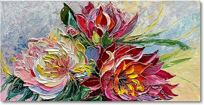 Art Hand Painted red Flowers Art Oil Painting 24x48 Thick Texture Abstract Wall Decorative Art Oil Painting