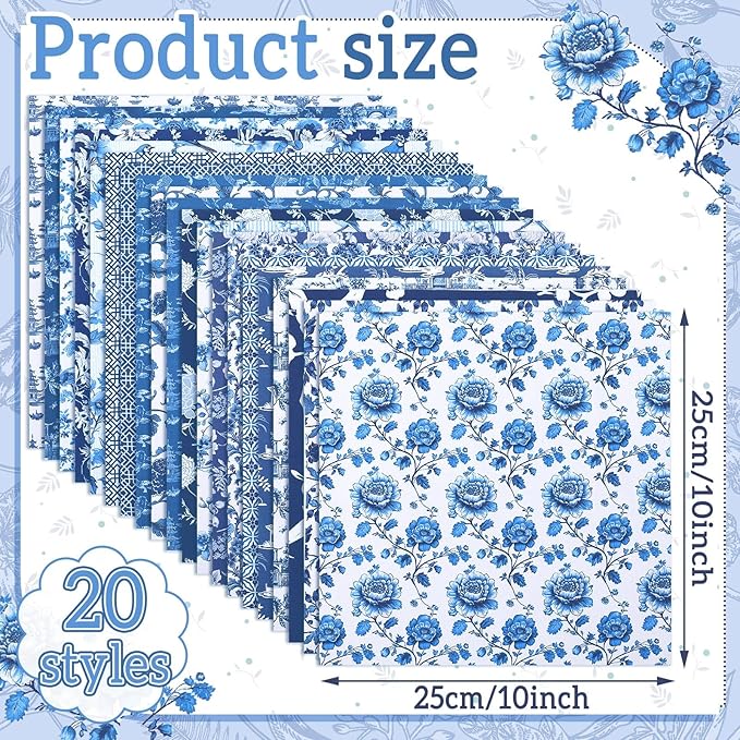 Oudain 60 Pcs 10 x 10 Inch Blue and White Quilting Fabric Squares Chinoiserie Fat Patchwork Chinoiserie Precut Strips Vintage Porcelain Fabric Bundles for Christmas DIY Xmas Craft Sewing Material